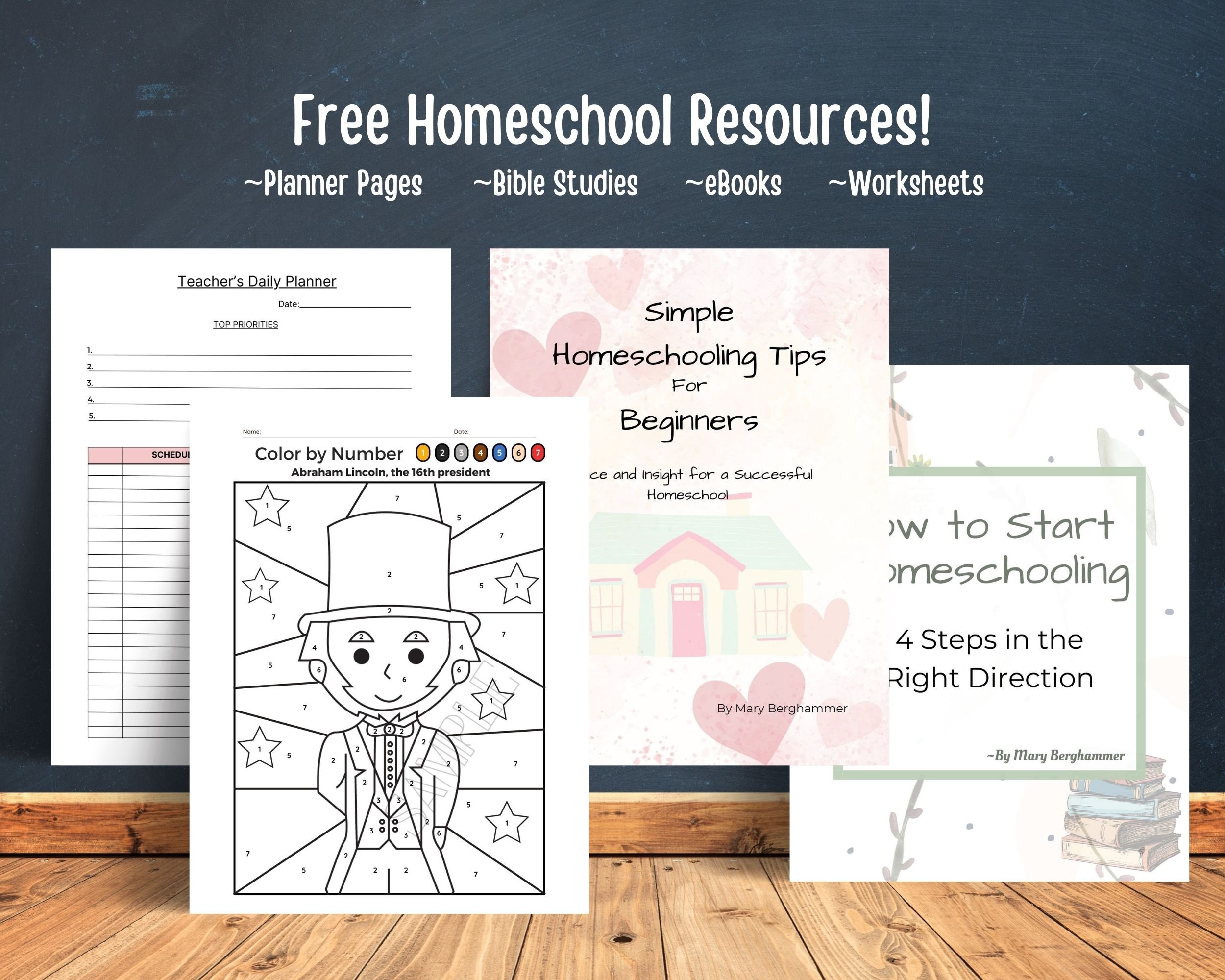 4 free homeschool resources pages consisting of a color by number Abraham Lincoln, 2 homeschool ebooks, one called Simple Homeschooling Tips and the other Called How to Start Homeschooling 4 steps in the right direction. There is also a weekly schedule sheet.