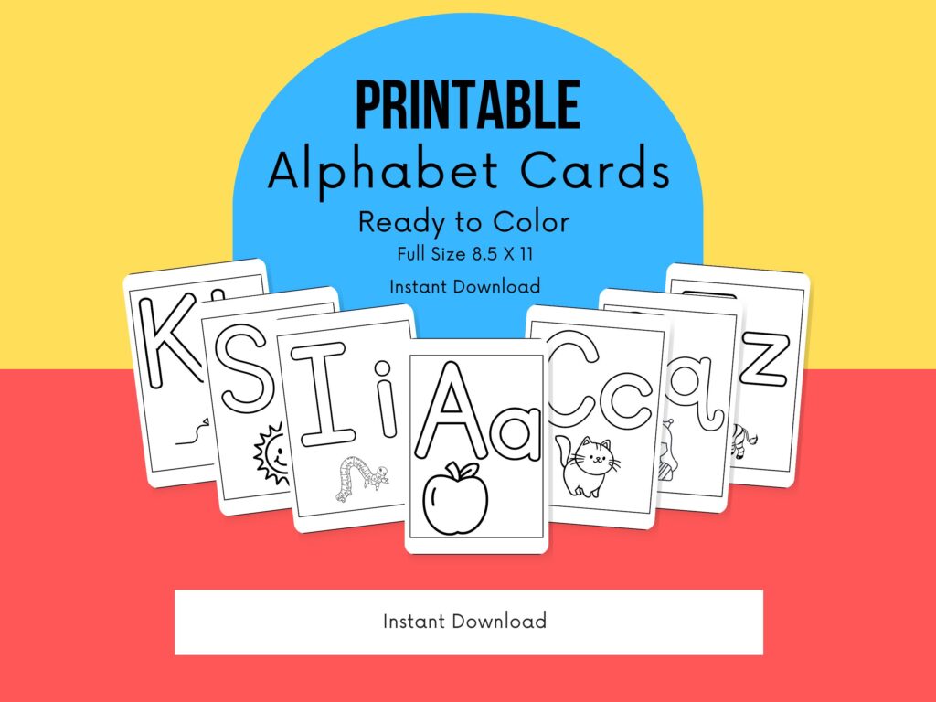 Printable Alphabet Cards to color Etsy listing Alpabet flashcards image of 9 cards with letters of the alphabet and an image that starts with that letter