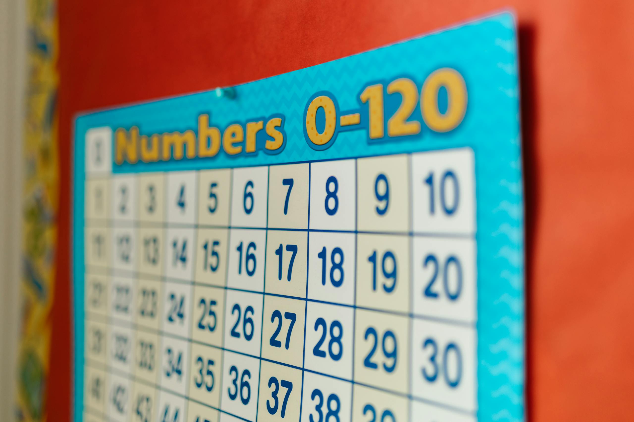 Colorful numbers chart 0-120 in a homeschool classroom setting, ideal for teaching math.