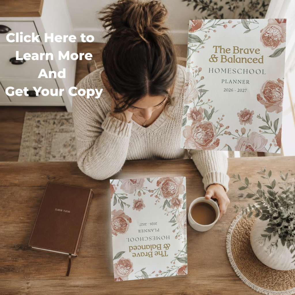 homeschool mom sitting at kitchen table with the Brave and Balanced Homeschool Planner on the table in front of her.