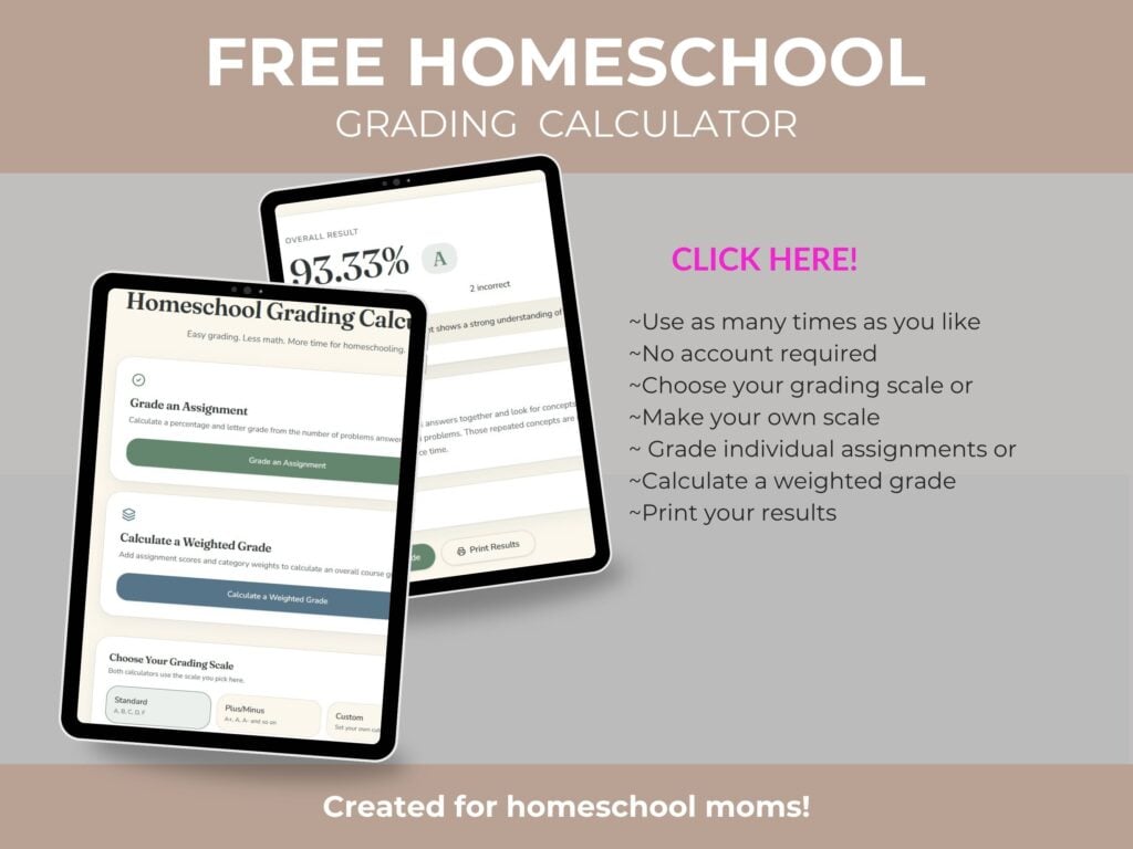 Free Homeschool grading calculator for homeschool moms. Image of grading app
