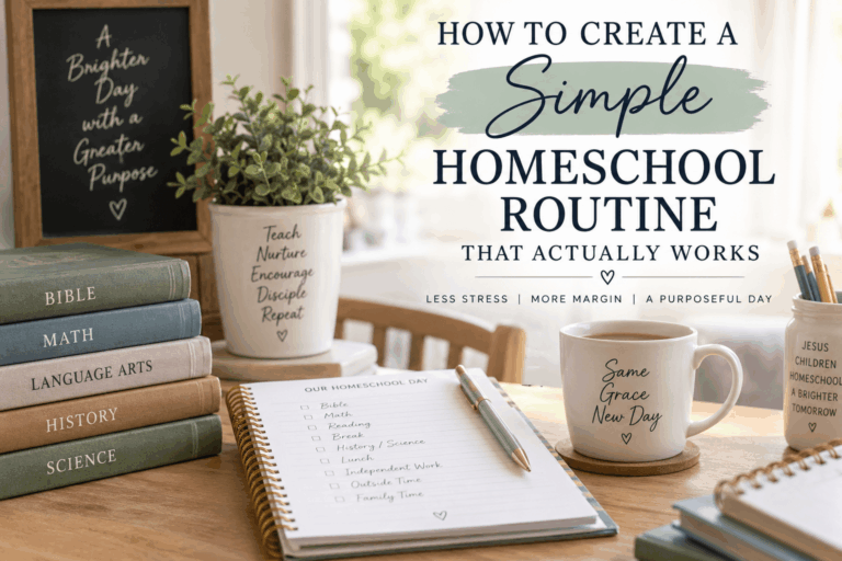 Table with notepad, coffee mug, plant and books near by with the title "How to create a simple homeschool routine that actually works"