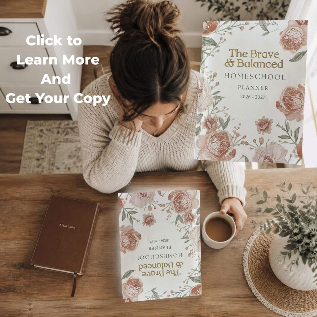 homeschool mom sitting at kitchen table with the Brave and Balanced Homeschool Planner on the table in front of her.