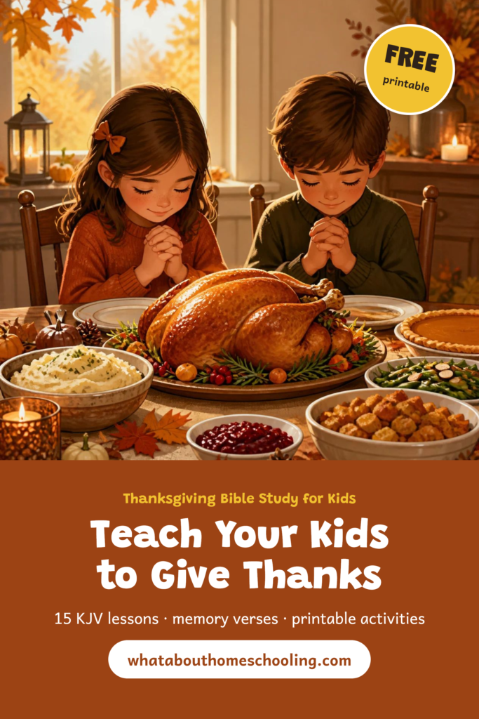2 children praying at a table with their Thanksgiving dinner on the table. "Teach Your Kids to Give Thanks" a bible study for children.
